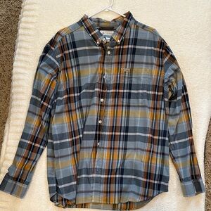 Casual Plaid Button-Down Shirt - Blue, Orange, and Gray